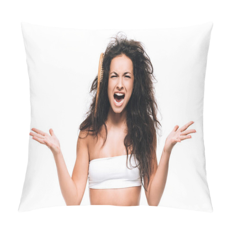 Personality  Stressed Brunette Woman With Comb In Unruly Curly Hair Screaming Isolated On White Pillow Covers