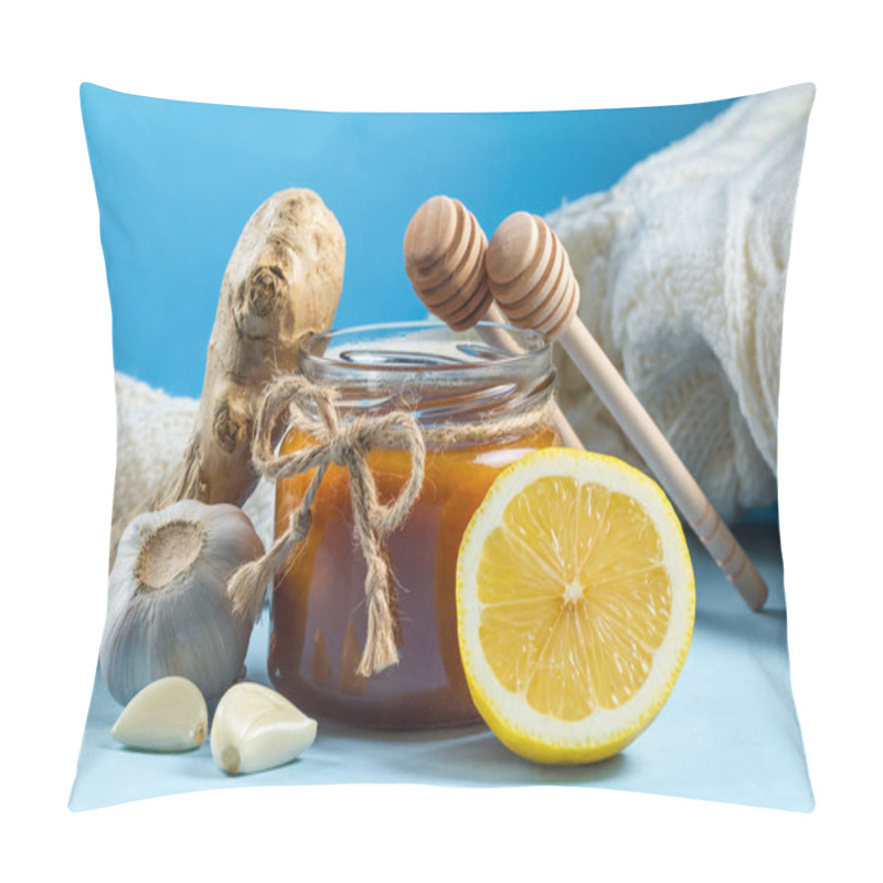 Personality  Garlic, A Honey Jar, Ginger, Lemon And Honey Spoons On A Blue Background. Maintenance Of Immunity. Treatment Of Colds And Flu. Products For Immunity. Immunity Concept.   Pillow Covers