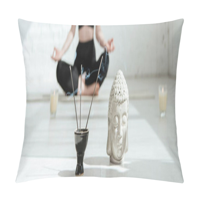 Personality  Cropped View Of Woman Sitting In Half Lotus Pose Near Buddha Head Sculpture, Aromatic Sticks And Candles, Panoramic Shot Pillow Covers