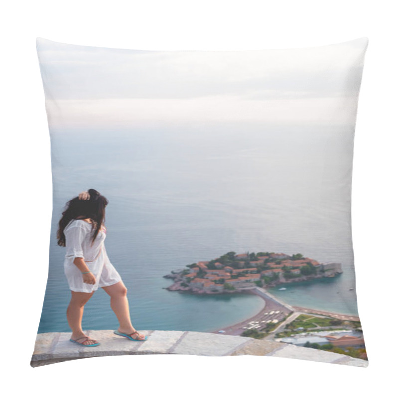 Personality  Side View Of Woman Looking At Island Of Sveti Stefan With Hotel Resort In Adriatic Sea, Budva, Montenegro Pillow Covers