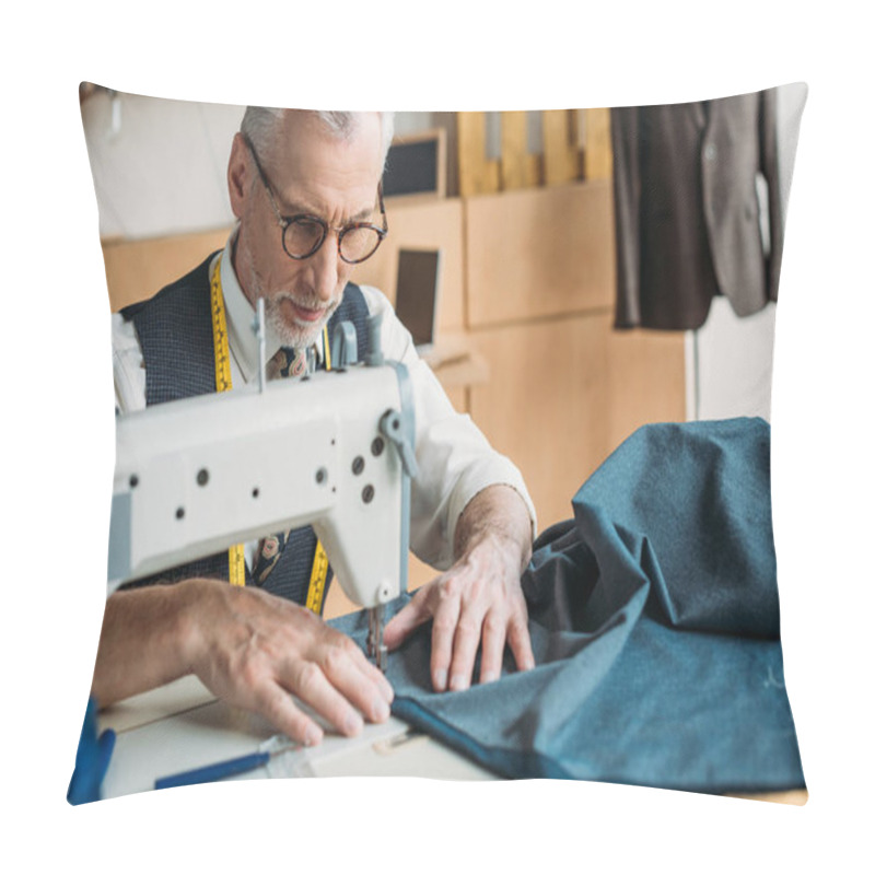 Personality  Handsome Dressmaker Sewing Cloth With Sewing Machine At Sewing Workshop Pillow Covers