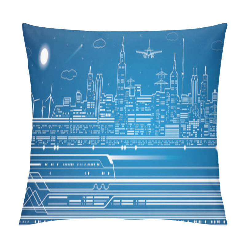 Personality  Vector Lines Train, Train On The Background Of The Light City, Train Go, Airplane Fly Pillow Covers