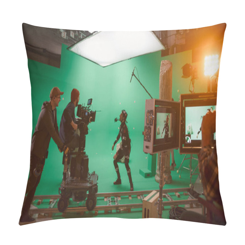 Personality  In The Big Film Studio Professional Crew Shooting Blockbuster Movie. Director Commands Cameraman To Start Shooting Green Screen CGI Scene With Actor Wearing Motion Tracking Suit And Head Rig Pillow Covers