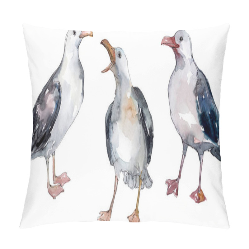 Personality  Sky Bird Seagull In A Wildlife. Wild Freedom, Bird With A Flying Wings. Watercolor Background Illustration Set. Watercolour Drawing Fashion Aquarelle Isolated. Isolated Gull Illustration Element. Pillow Covers