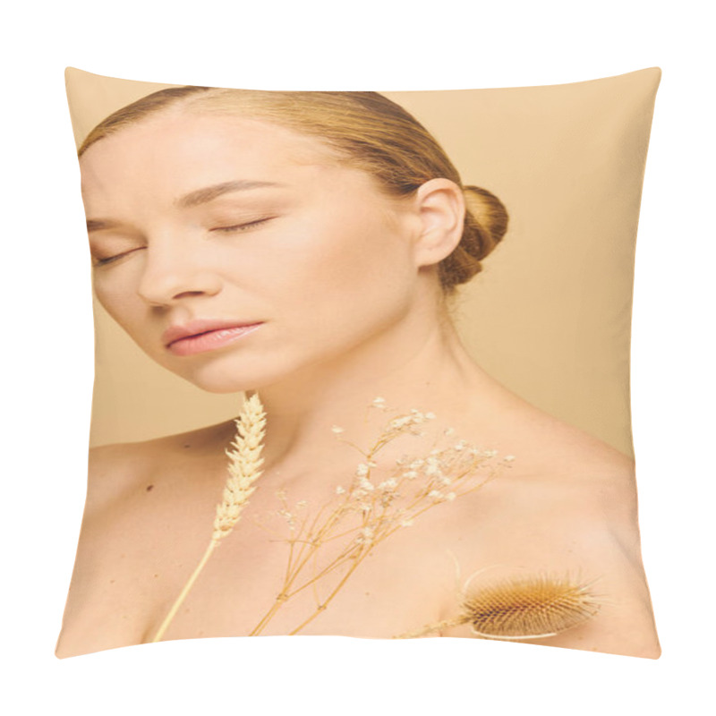 Personality  A Serene Plus Size Woman Embraces Natural Beauty, Adorned With Flowers In Soft, Warm Light. Pillow Covers