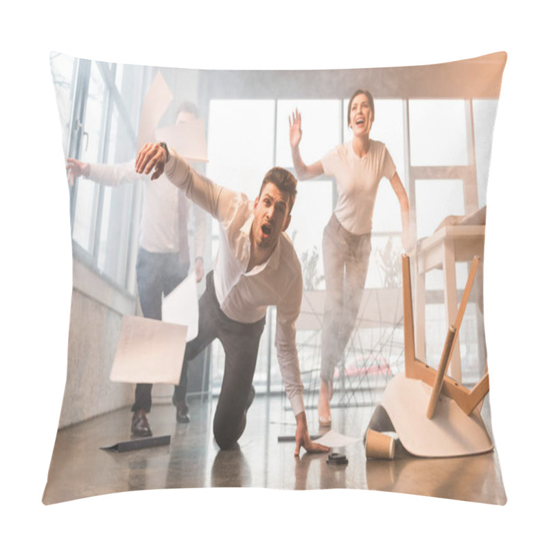 Personality  Scared Businessman Falling On Floor While Running And Screaming Near Coworkers In Office With Smoke Pillow Covers