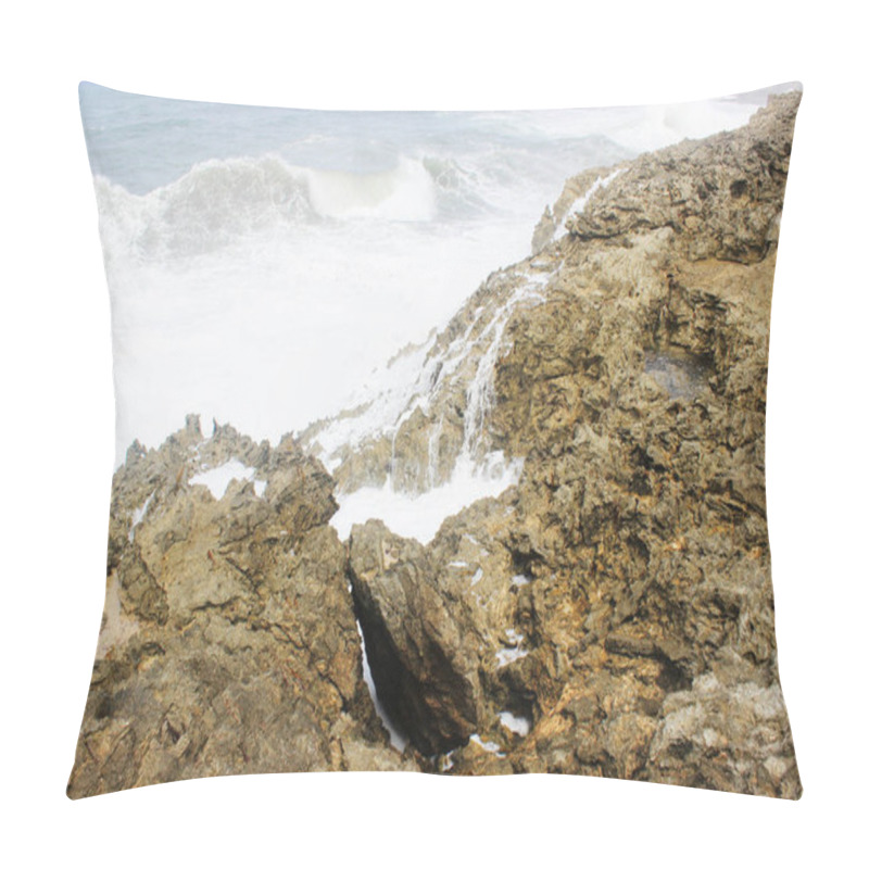 Personality  Landscape Of Strong Waves Crashing On Rock In Barbados Island Pillow Covers