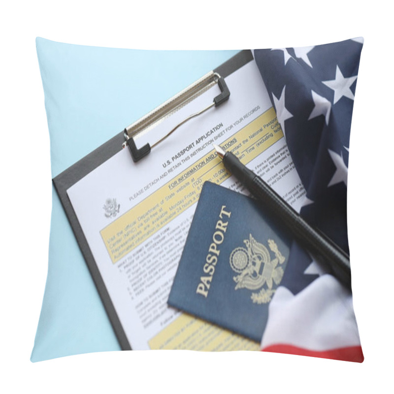 Personality  Department Of State Form DS11 Application For A U.S. Passport Lies On Table And Ready To Fill Close Up. Paperwork During Operations With US Passport Concept Pillow Covers