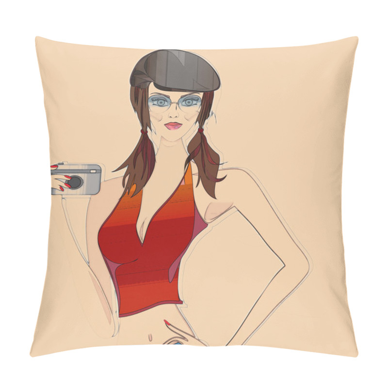 Personality  Retro Sketch Of A Beautiful Girl With Photo Camera. Portrait Of A Woman With Fashion Hat And Glasses Pillow Covers