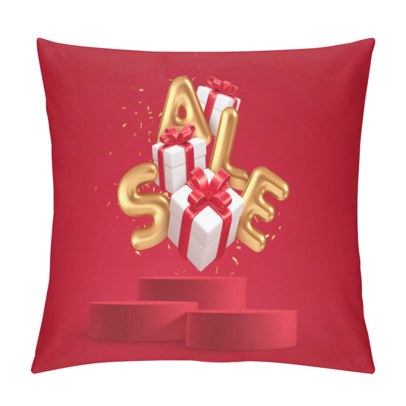 Personality  Realistic 3d Gift Boxes With Red Gift Bows And Gold Word Sale In The Red Background Product Podium Scene And Golden Confetti. Vector Illustration Pillow Covers