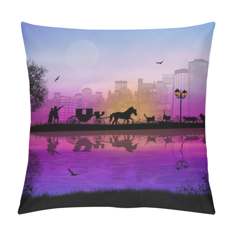 Personality  Carriage And Lovers At Sunset In Romantic City Place  Pillow Covers