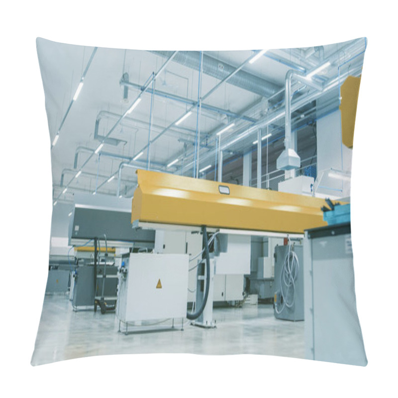 Personality  Shot Of The High-Tech Modern Electronics Manufacturing Factory Full Of Computerized Automatic Machinery. Facility Is Bright And Clean. Pillow Covers