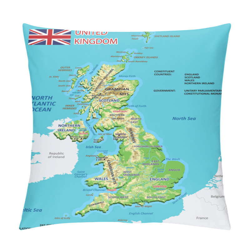 Personality  Physical Map Of The United Kingdom. High Detailed Map Of England, Scotland And Ireland With Labeling. Vector Illustration. Pillow Covers