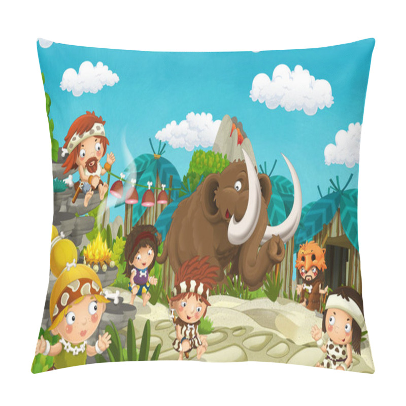 Personality  Cartoon Caveman Village Scene With Mammoth And Volcano In The Background - Stone Age - Illustration For Children Pillow Covers