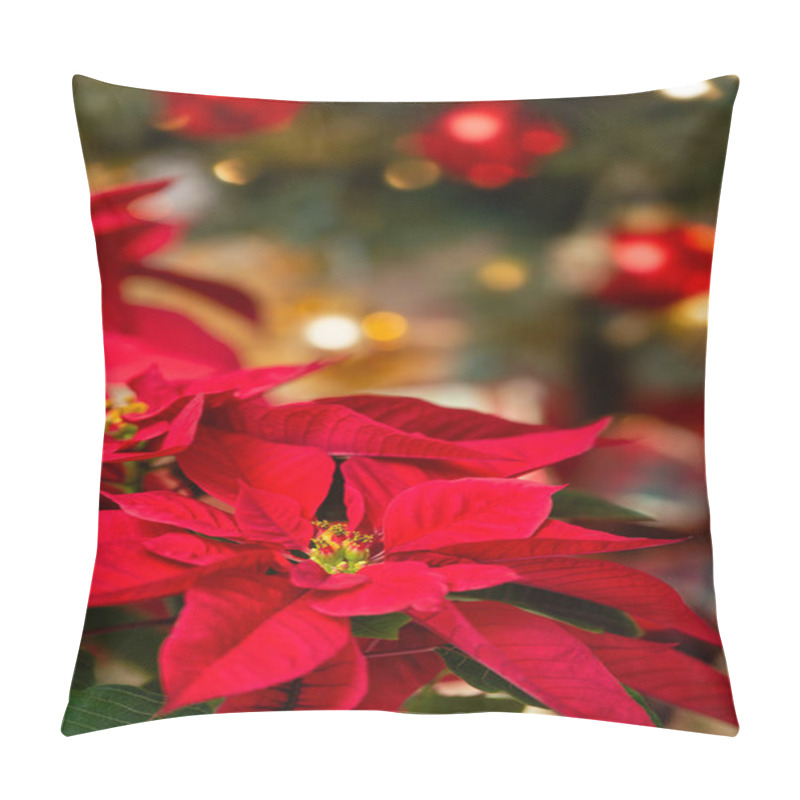 Personality  Red Poinsettia (Euphorbia Pulcherrima), Christmas Star Flower. Festive Red And Golden Holiday Background With Christmas Tree. Pillow Covers