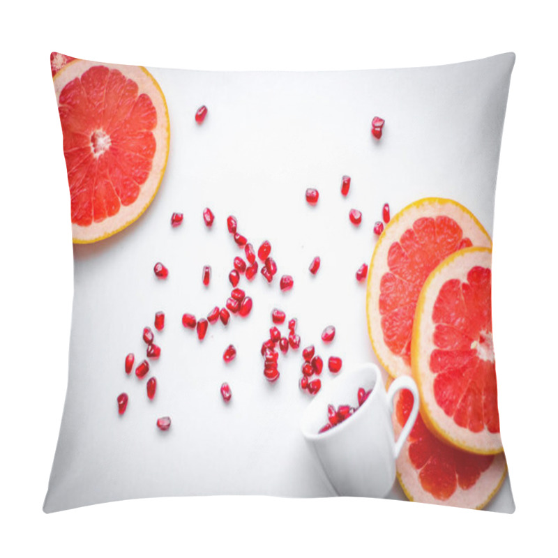 Personality  Bright Grapefruit Slices And Pomegranate Seeds On White Surface And In Espresso Coffee Cup Pillow Covers