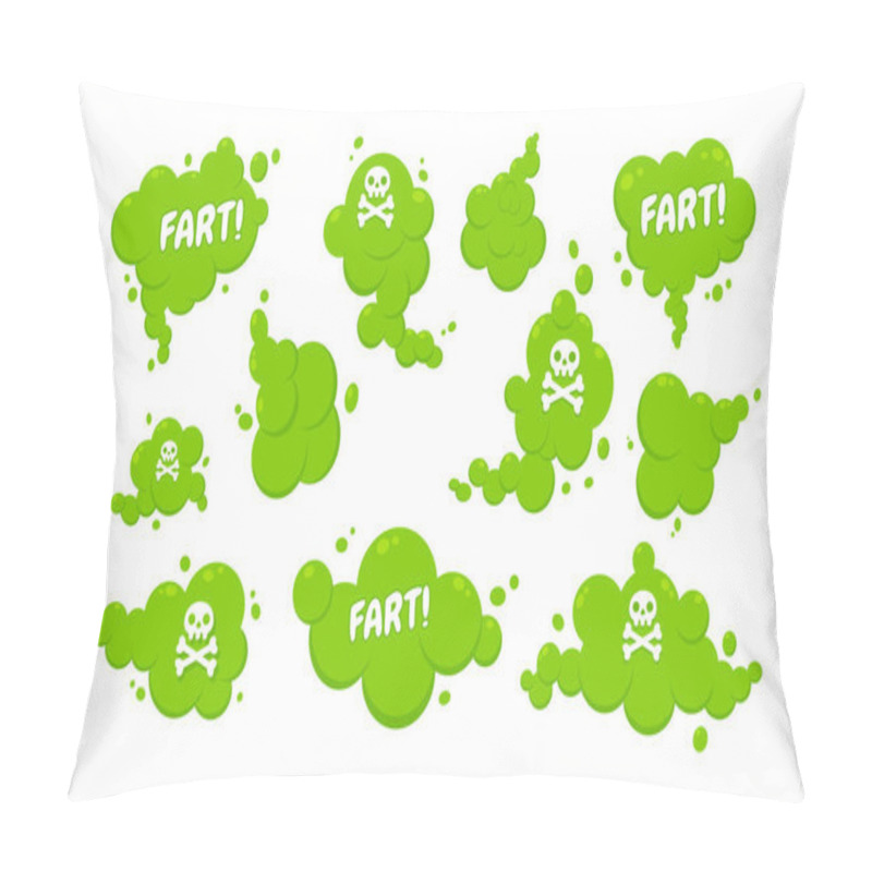 Personality  Smelling Green Cartoon Fart Cloud Flat Style Design Vector Illustration With Text Fart Set. Pillow Covers