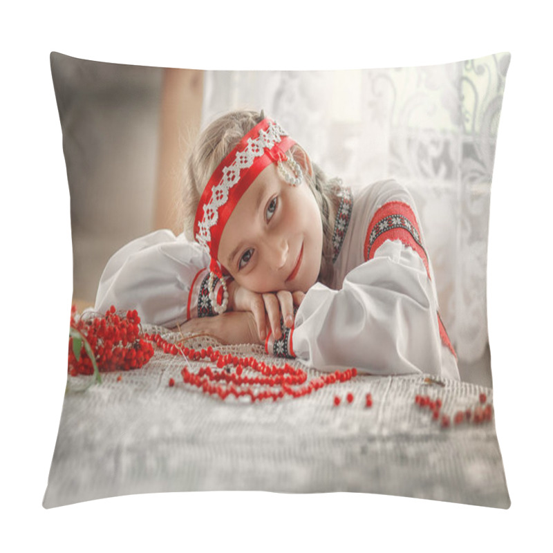 Personality  A Beautiful Russian Girl In A Folk Costume Lay Down On The Table. Portrait Of A Girl In A Traditional Costume. Russian Tradition. Pillow Covers