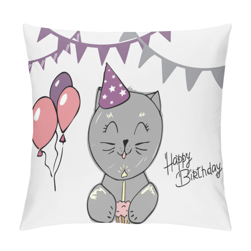 Personality  Cute Cat Blows Out The Candle On The Cupcake. Creative Cards Templates With Happy Birthday Theme Design. Hand Drawn Card For Birthday, Anniversary, Party Invitations, Scrapbooking. Vector Illustration.Isolated On White Background Pillow Covers