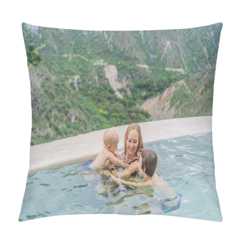 Personality  Mother With Her Toddler And Teenage Sons Bathing In The Hot Springs Of Grutas Tolantongo, Mexico. Family Adventure, Relaxation, And Natural Wellness Concept. Pillow Covers