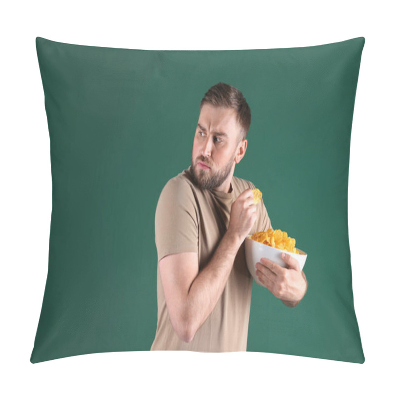 Personality  Greedy Young Man Hiding Bowl With Chips On Green Background Pillow Covers