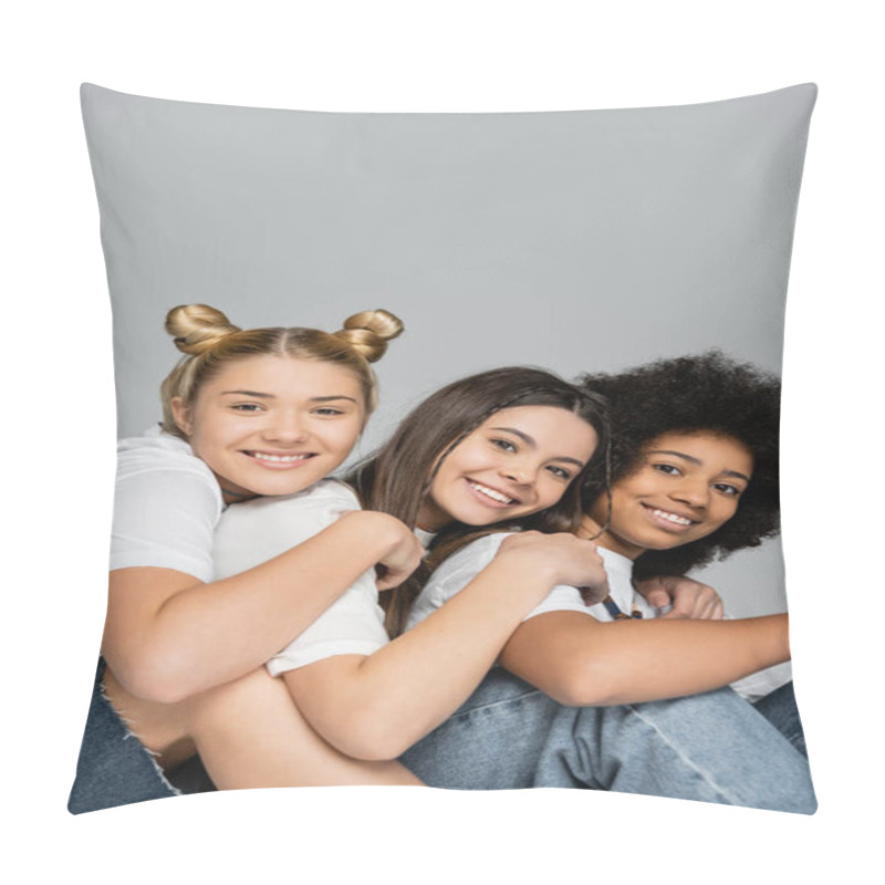 Personality  Portrait Of Positive Multiethnic Teenage Girls In White T-shirts And Jeans Hugging And Posing Next To Each Other Isolated On Grey, Multiethnic Teen Models Concept, Friendship And Bonding Pillow Covers