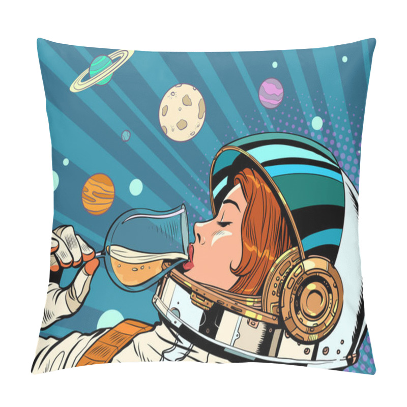 Personality  Astronaut Woman Drinks A Glass Of Wine. Alcoholic Party, New Year Holiday. Pop Art Retro Vector Illustration 50s 60s Vintage Kitsch Style Pillow Covers