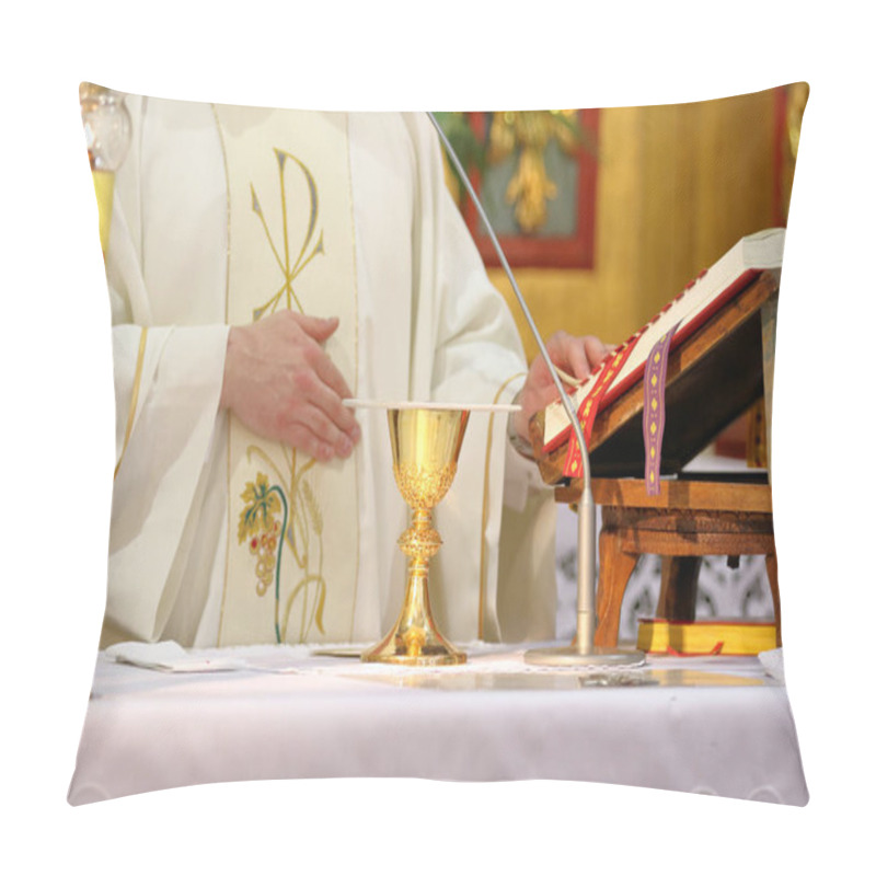 Personality  Chalice On The Altar And Priest Celebrating Mass In The Background And Empty Space For Text Pillow Covers