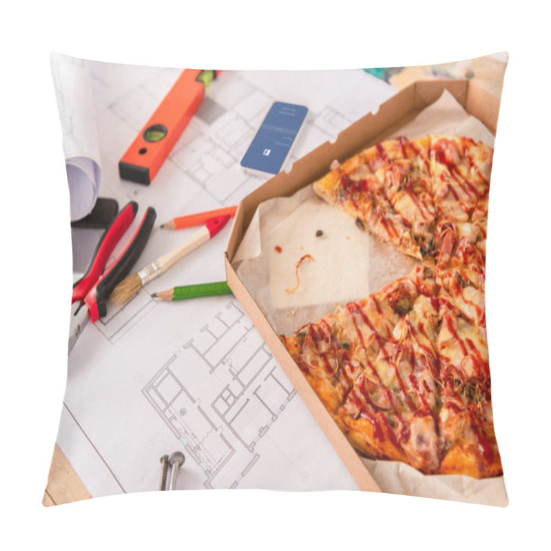 Personality  Close-up Shot Of Box With Pizza, Tools And Smartphone With Facebook App On Screen On Building Plan Pillow Covers