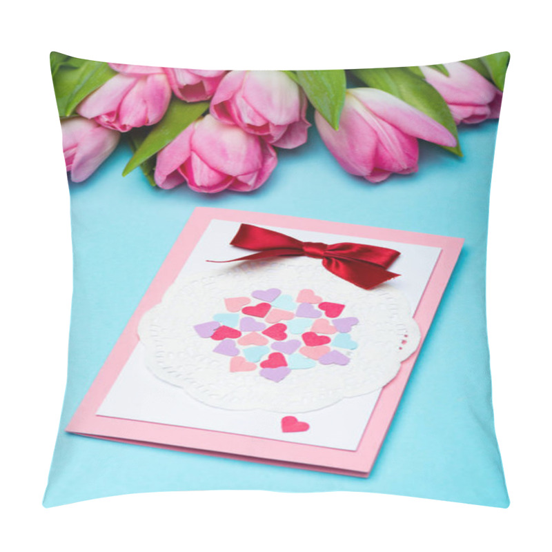 Personality  Greeting Card Near Bouquet Of Tulips On Blue Background Pillow Covers