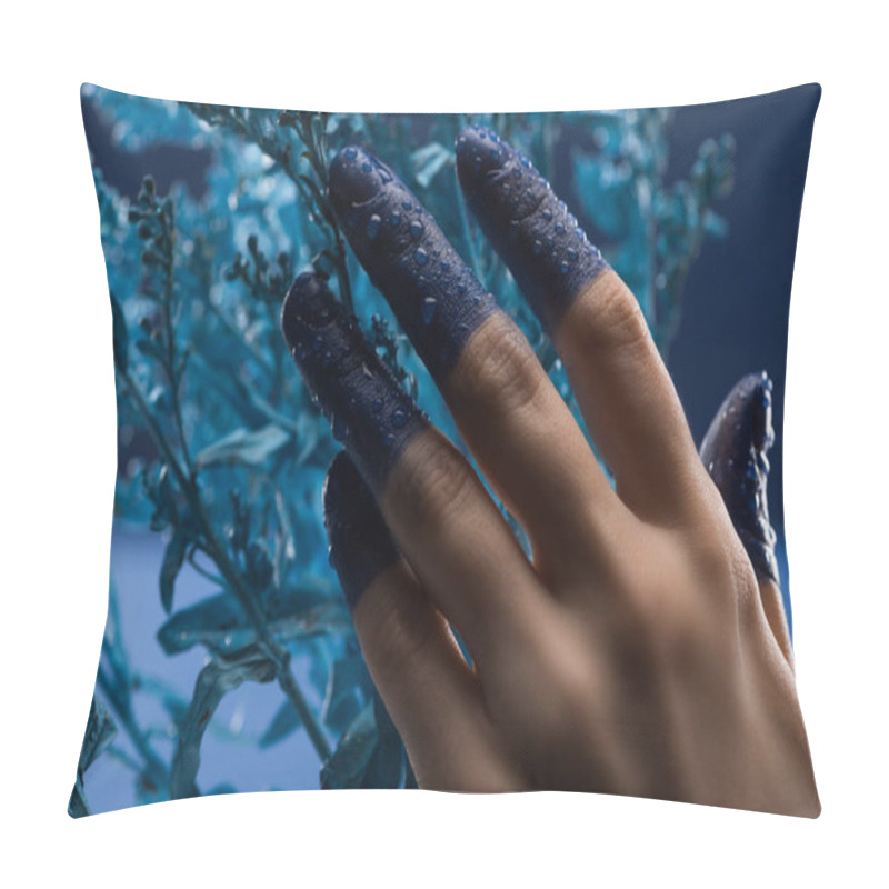 Personality  Close Up View Of Female Hand With Wet Painted Fingers Near Blue Plant Pillow Covers