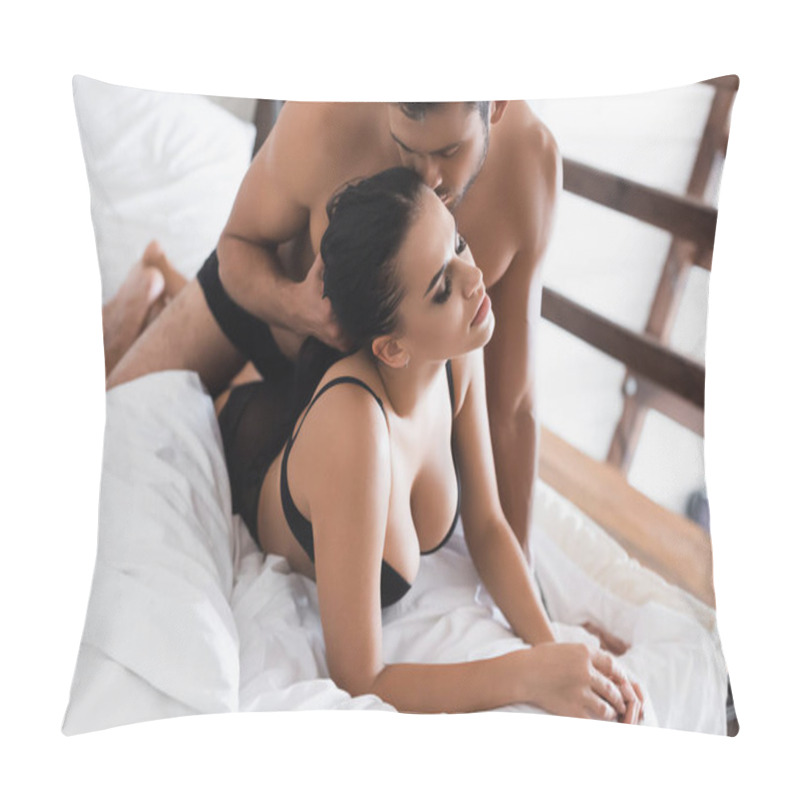 Personality  Shirtless Man Kissing Head Of Sexy Woman In Black Bra In Bed Pillow Covers