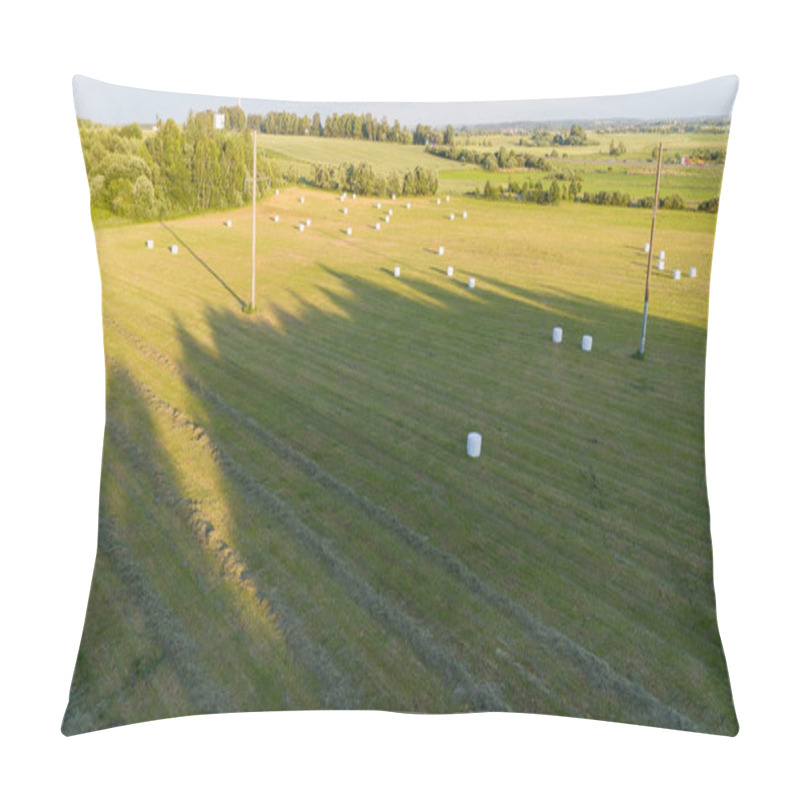 Personality  Aerial View Of A Rural Field With Hay Bales Scattered Across The Landscape, Surrounded By Trees And Power Lines Casting Long Shadows. Pillow Covers