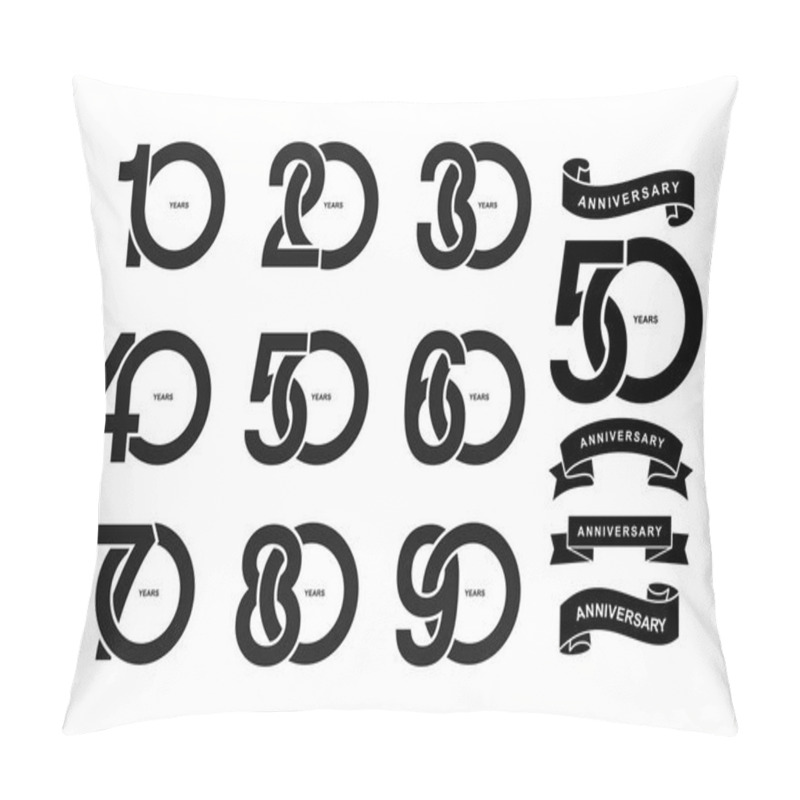 Personality  Set Of Anniversary Pictogram Icon. Flat Design. 10, 20, 30, 40, 50, 60, 70, 80, 90, Years Birthday Logo Label, Black And White Stamp. Vector Illustration. Isolated On White Background Pillow Covers