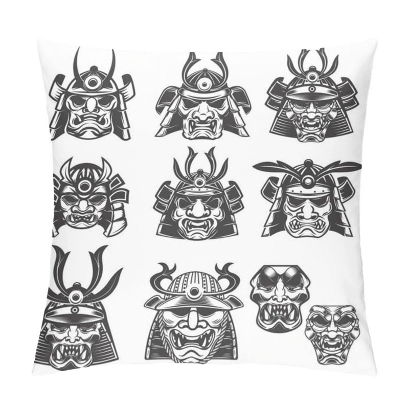 Personality  Set Of Samurai Masks And Helmets On White Background. Design Ele Pillow Covers