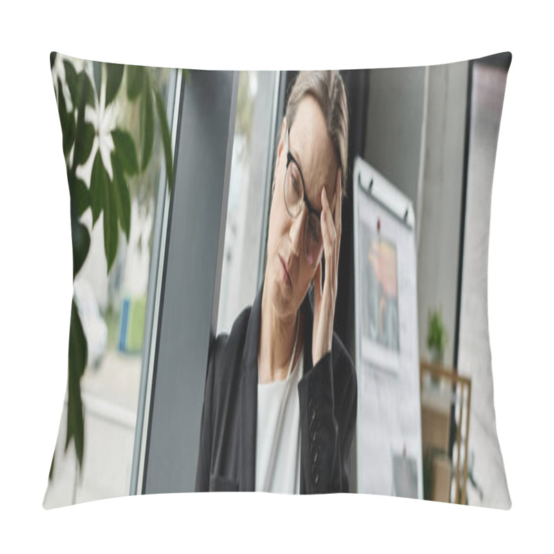 Personality  A Middle-aged Woman Holding Her Head Up, Stress. Pillow Covers