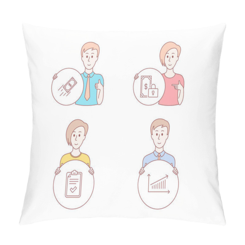 Personality  People Hand Drawn Style. Set Of Private Payment, Fast Payment And Checklist Icons. Chart Sign. Secure Finance, Finance Transfer, Survey. Presentation Chart.  Character Hold Circle Button. Vector Pillow Covers