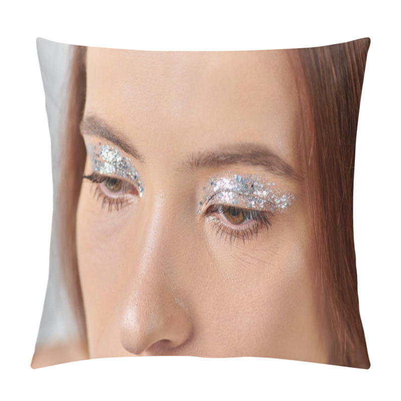 Personality  Close Up View Of Beautiful Young Woman With Holiday Makeup, Shimmery Eye Shadow, Merry Christmas Pillow Covers