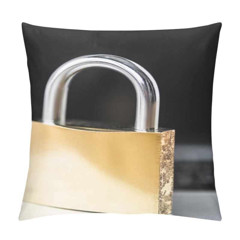 Personality  Selective Focus Of Metal Padlock With Copy Space In Office  Pillow Covers