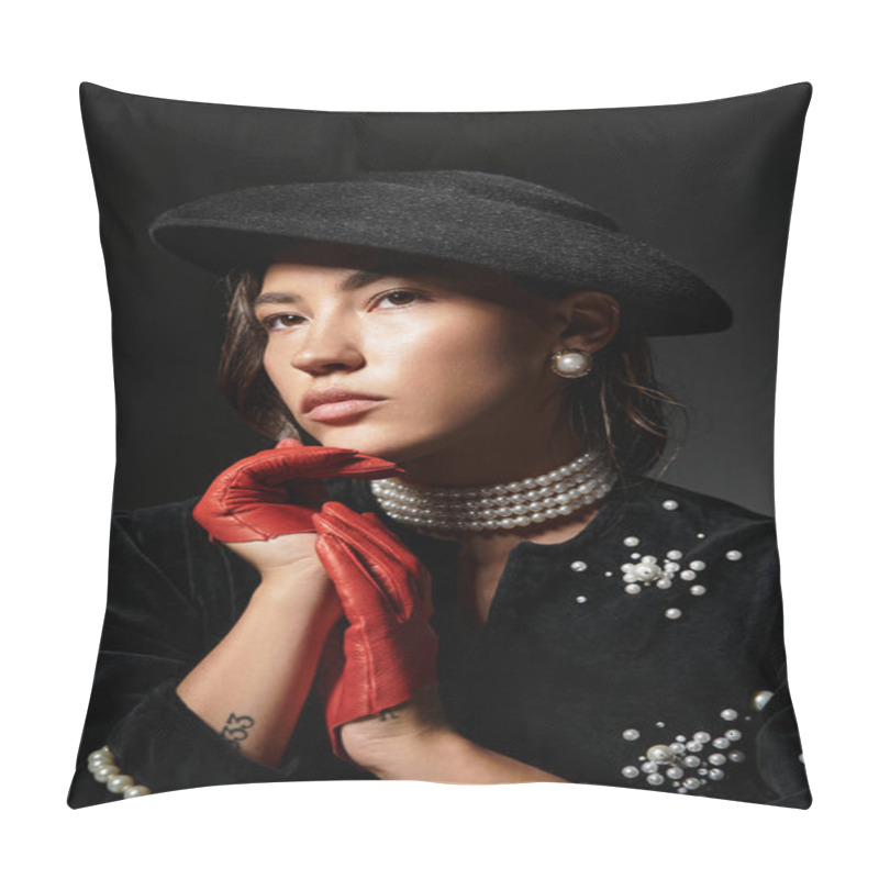 Personality  A Young Woman Exudes Elegance With Pearls And Red Gloves, Captured In A Striking Pose. Pillow Covers