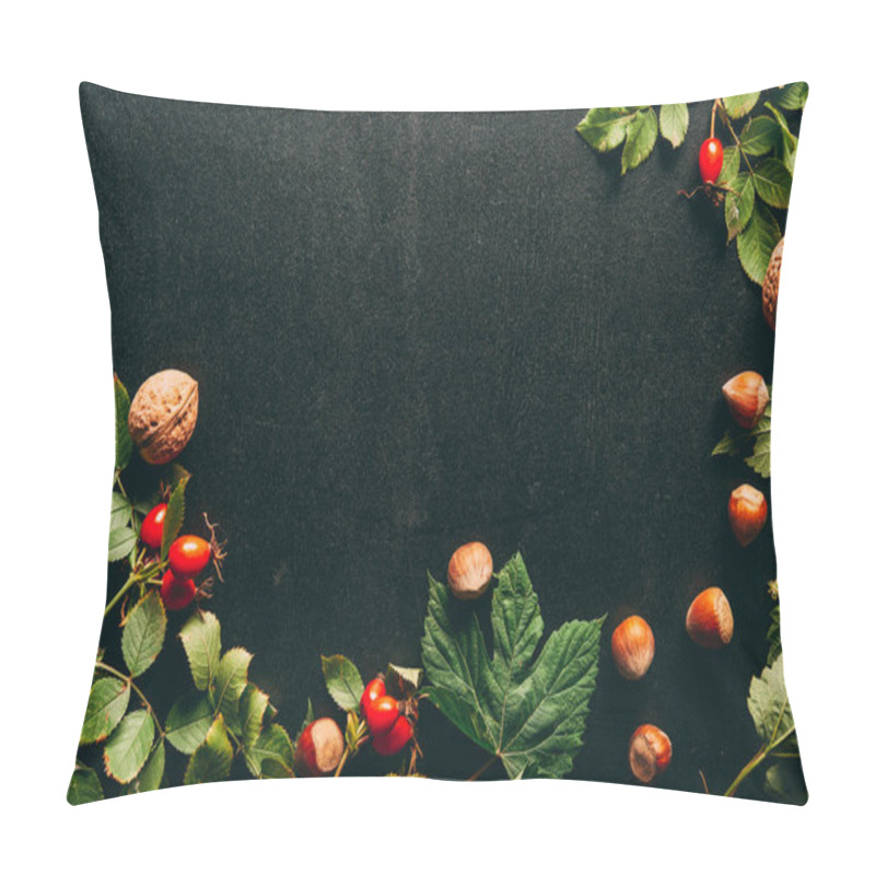 Personality  Flat Lay With Autumn Plants Arrangement On Black Background Pillow Covers