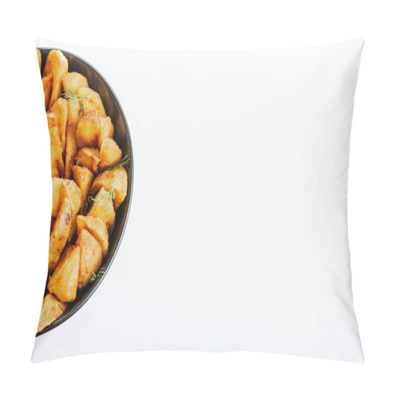 Personality  Top View Of Delicious Golden Potato Wedges With Dill In Bowl Isolated On White Pillow Covers