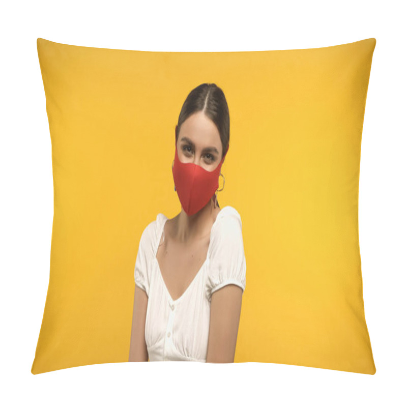 Personality  Brunette Woman In Blouse And Protective Mask Looking At Camera Isolated On Yellow Pillow Covers