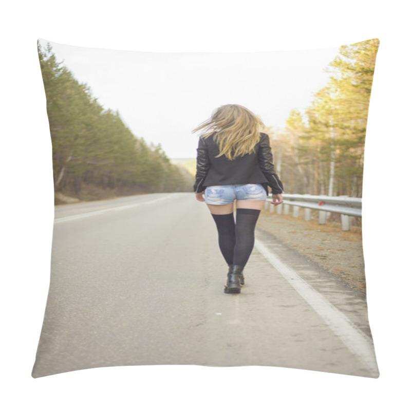 Personality  Beautiful Young Girl Walking Down The Road In The Forest. Pillow Covers