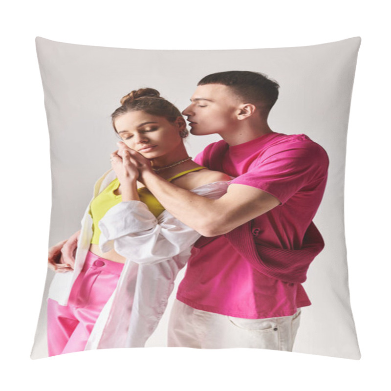 Personality  A Stylish Young Couple In Love Stands Next To Each Other In A Studio, With A Grey Background Enhancing Their Connection. Pillow Covers