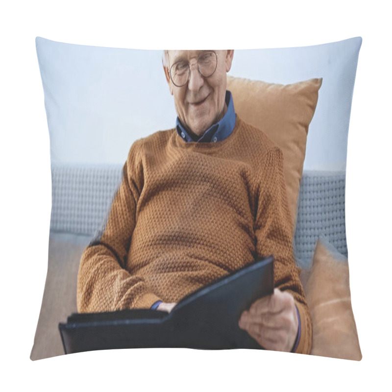 Personality  Happy Elderly Man Sitting On Sofa With Family Album In Living Room Pillow Covers