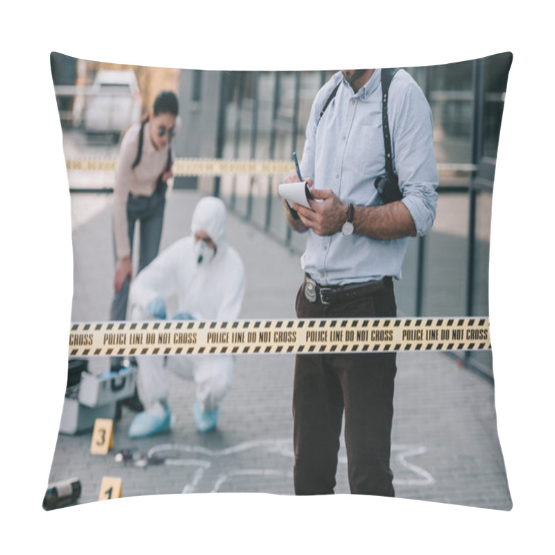 Personality  Female And Male Detectives With Criminologist At Crime Scene Pillow Covers