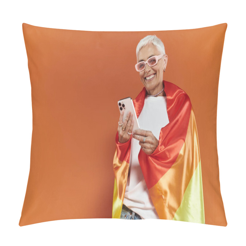 Personality  A Mature Woman Radiates Joy While Wrapped In A Rainbow Flag. Pillow Covers