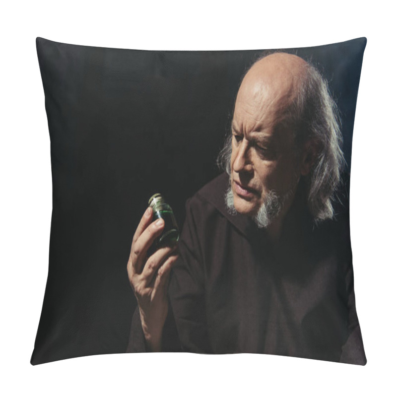 Personality  Pensive Alchemist Looking At Jar With Magic Ingredient Isolated On Black Pillow Covers