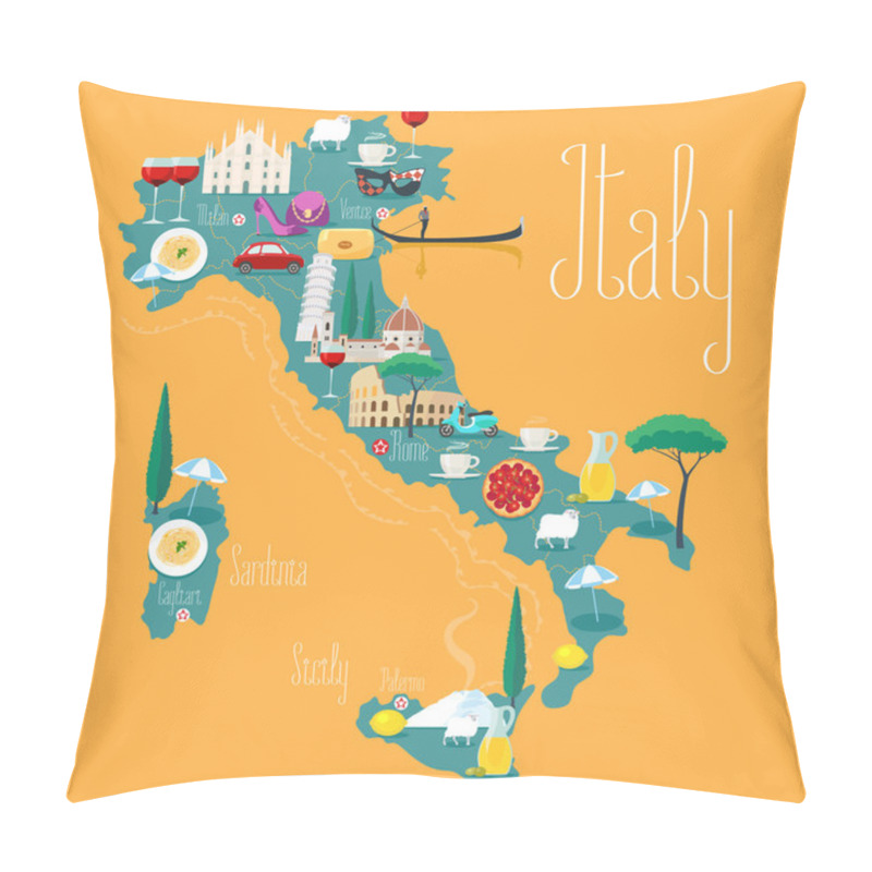 Personality  Map Of Italy Vector Illustration, Design. Icons With Italian Landmarks Pillow Covers